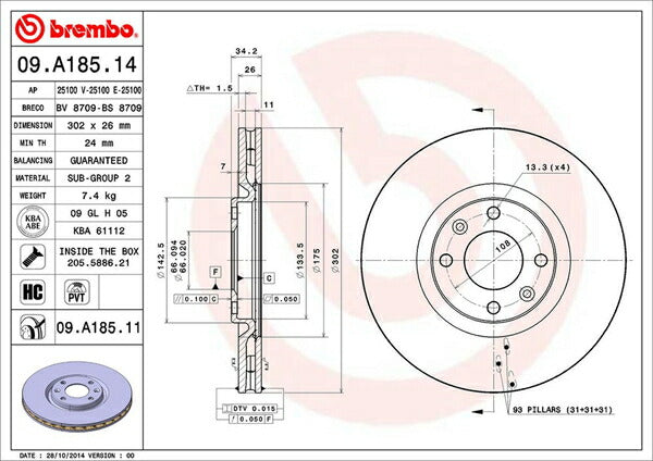 brembo BRAKE DISC PEUGEOT 5008 T875F02 2013/02〜 フロント左右セット 09.A185.11