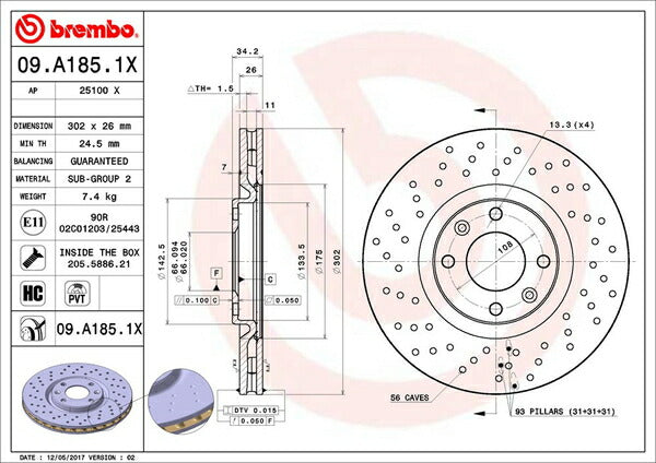 brembo XTRA BRAKE DISC PEUGEOT 208 A9C5F03 2013/07〜2015/10 フロント左右セット 09.A185.1X