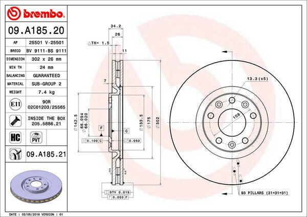 brembo BRAKE DISC PEUGEOT RCZ T7R5F02 2010/07〜 フロント左右セット 09.A185.21