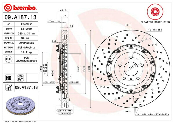 brembo フローティングディスク ニッサン GT-R R35 2007/12〜2010/11 フロント左右セット 09.A187.13