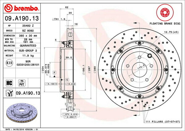 brembo フローティングディスク ニッサン GT-R R35 2007/12〜 リア左右セット 09.A190.13