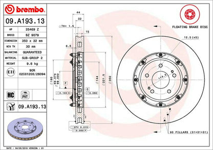 brembo フローティングディスク ミツビシ ランサーエボリューションX CZ4A 2007/10〜 フロント左右セット 09.A193.13