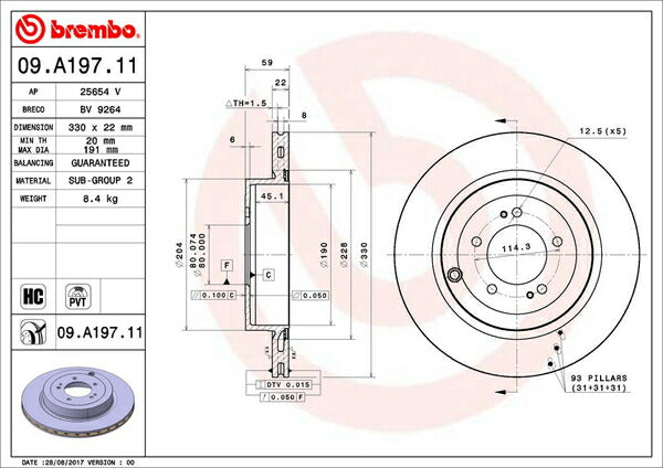 brembo BRAKE DISC ミツビシ ランサーエボリューションX CZ4A 2007/10〜 リア左右セット 09.A197.11