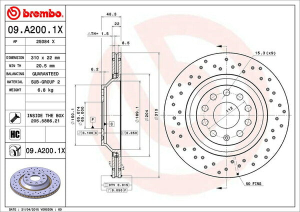 brembo XTRA BRAKE DISC VOLKSWAGEN パサート(B6) 3CAXZF 2006/04〜2010/03 リア左右セット 09.A200.1X