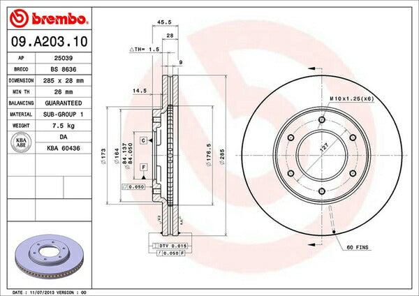 brembo BRAKE DISC トヨタ ハイエースバン/レジアスエースバン RZH125B 1998/08〜2003/08 フロント左右セット 09.A203.10