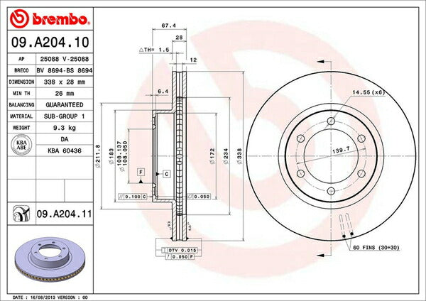 brembo BRAKE DISC トヨタ ランドクルーザープラド RZJ120W/RZJ125W/TRJ120W/TRJ125W/GRJ120W/GRJ121W/VZJ120W/VZJ121W/VZJ125W/KDJ120W/KDJ121W/KDJ125