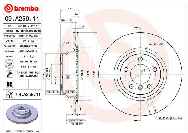 brembo BRAKE DISC BMW X1 E84 VM20 2011/10〜2012/03 フロント左右セット 09.A259.11