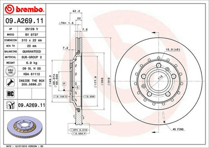 brembo BRAKE DISC AUDI A8 4EBPKF 2005/06〜2010/12 リア左右セット 09.A269.11