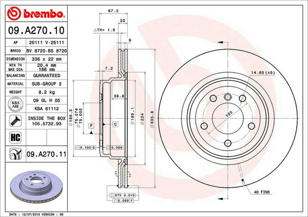 brembo BRAKE DISC BMW 3シリーズ E90(セダン) VB30 2005/04〜 リア左右セット 09.A270.10