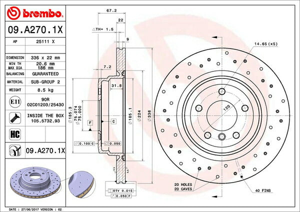brembo XTRA BRAKE DISC BMW 3シリーズ E92/E93(クーペ) WL35/DX35 2010/05〜 リア左右セット 09.A270.1X