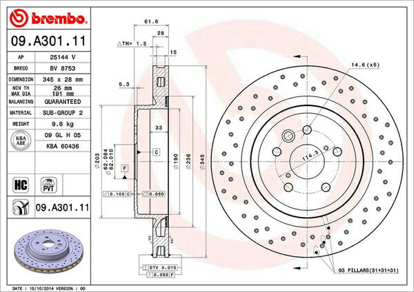 brembo BRAKE DISC レクサス IS F USE20 2007/12〜 リア左右セット 09.A301.11