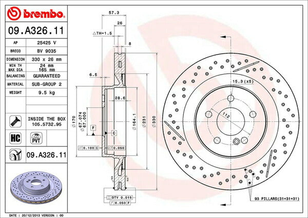 brembo BRAKE DISC MERCEDES BENZ Cクラス W204(ワゴン) 204277 2008/04〜 リア左右セット 09.A326.11