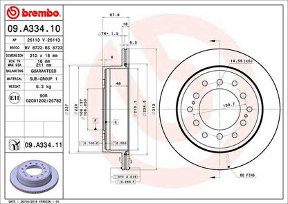brembo BRAKE DISC トヨタ ハイラックスサーフ RZN210W/RZN215W/VZN210W/VZN215W/TRN210W/TRN215W/KDN215W/GRN215W 2002/11〜 リア左右セット 09.A334.11
