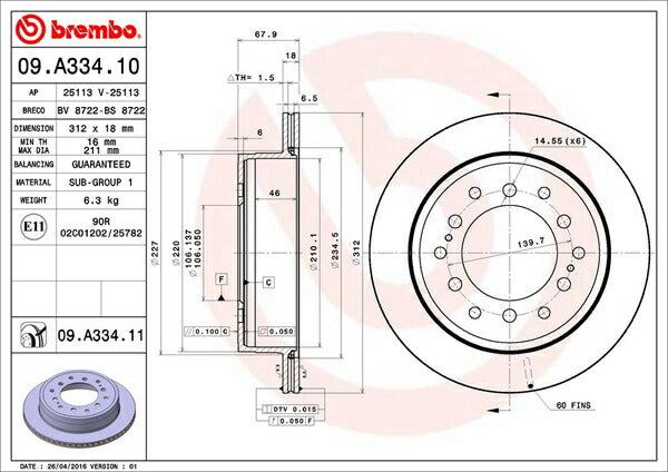 brembo BRAKE DISC トヨタ ランドクルーザープラド RZJ120W/RZJ125W/TRJ120W/TRJ125W/GRJ120W/GRJ121W/VZJ120W/VZJ121W/VZJ125W/KDJ120W/KDJ121W/KDJ125