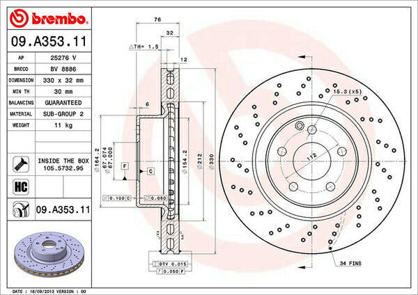 brembo BRAKE DISC MERCEDES BENZ Sクラス W220 220075/220175 1998/11〜2002/10 09.A353.11