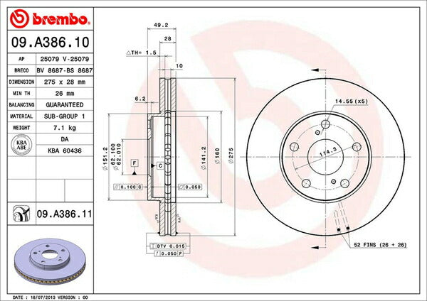brembo BRAKE DISC トヨタ カムリグラシア MCV25W/SXV25/SXV25W 1996/12〜2001/09 フロント左右セット 09.A386.10
