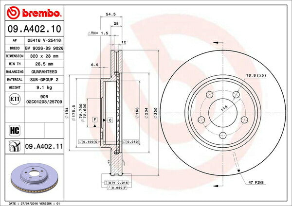 brembo BRAKE DISC CHRYSLER 300 LX36 2012/12〜 フロント左右セット 09.A402.11