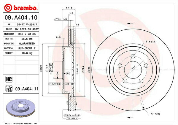 brembo BRAKE DISC CHRYSLER 300C ツーリング LX57/LE57T 2005/02〜2011 フロント左右セット 09.A404.11