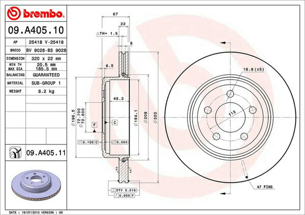 brembo BRAKE DISC CHRYSLER 300C ツーリング LX57/LE57T 2005/02〜2011 リア左右セット 09.A405.11