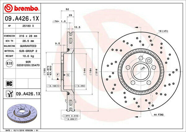 brembo XTRA BRAKE DISC VOLVO S60 FB6304T 2011/03〜 フロント左右セット 09.A426.1X