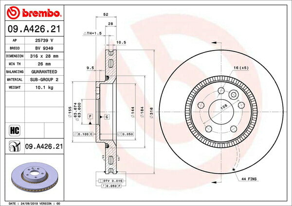 brembo BRAKE DISC VOLVO V60 FB420 2014/02〜 フロント左右セット 09.A426.21