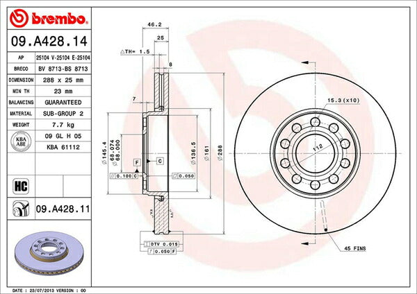 brembo BRAKE DISC VOLKSWAGEN パサート(B5) 3BAMX 2001/10〜2004/10 フロント左右セット 09.A428.11