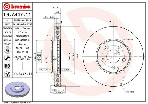 brembo BRAKE DISC MERCEDES BENZ Eクラス W211(ワゴン) 211287 2005/02〜2010/02 フロント左右セット 09.A447.11
