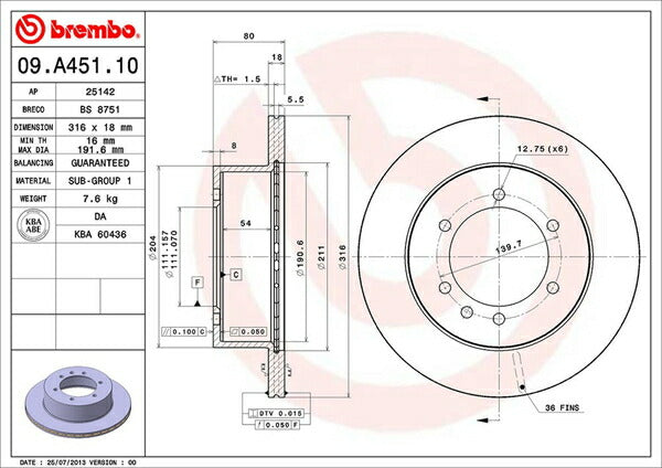 brembo BRAKE DISC ニッサン サファリ WYY61/WTY61/WGY61/WRGY61/VRGY61 1997/10〜2002/10 リア左右セット 09.A451.10