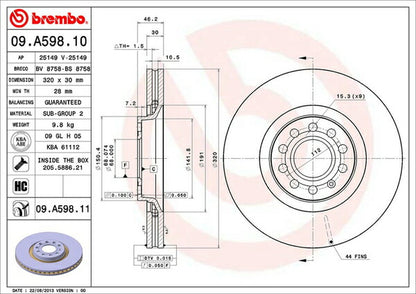 brembo BRAKE DISC AUDI A4(B7) 8EBGBF/8EBWEF 2005/02〜2008/03 フロント左右セット 09.A598.11