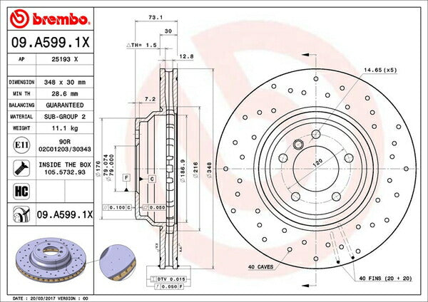 brembo XTRA BRAKE DISC BMW 3シリーズ E91(ツーリング) UV35 2010/05〜 フロント左右セット 09.A599.1X