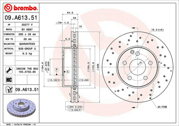 brembo BRAKE DISC MERCEDES BENZ Cクラス W204(クーペ) 204347 2011/10〜 フロント左右セット 09.A613.51
