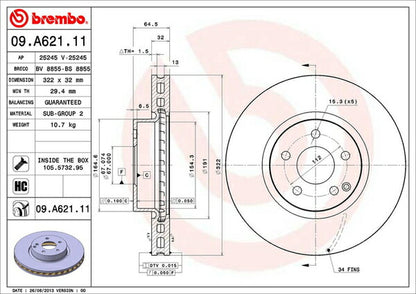 brembo BRAKE DISC MERCEDES BENZ Eクラス W212(ワゴン) 212256C 2010/02〜2011/10 フロント左右セット 09.A621.11