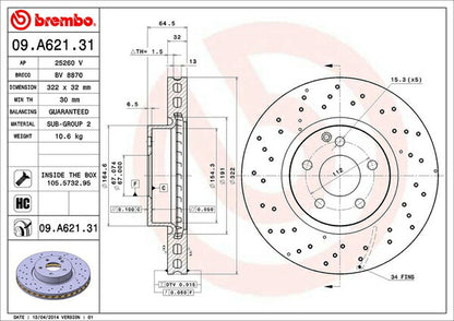 brembo BRAKE DISC MERCEDES BENZ Cクラス W204(ワゴン) 204257 2011/05〜 フロント左右セット 09.A621.31