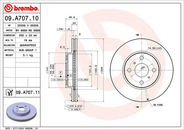 brembo BRAKE DISC トヨタ ポルテ NCP141/NSP140 2012/07〜 フロント左右セット 09.A707.11