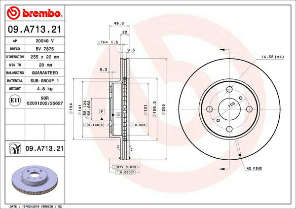 brembo BRAKE DISC トヨタ カローラ/スプリンターセダン NZE120/NZE121 2000/09〜2006/10 フロント左右セット 09.A713.21