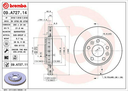 brembo BRAKE DISC RENAULT メガーヌIII ZM4R 2011/05〜 フロント左右セット 09.A727.11