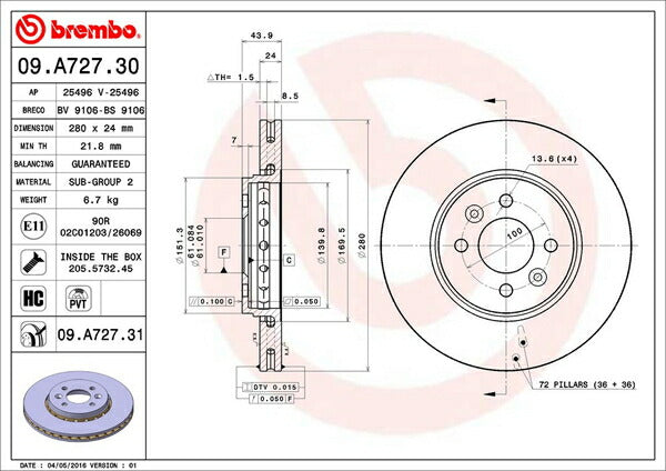 brembo BRAKE DISC RENAULT キャプチャー 2RH5F 2014/01〜 フロント左右セット 09.A727.31