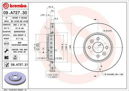 brembo BRAKE DISC RENAULT キャプチャー 2RH5F 2014/01〜 フロント左右セット 09.A727.31