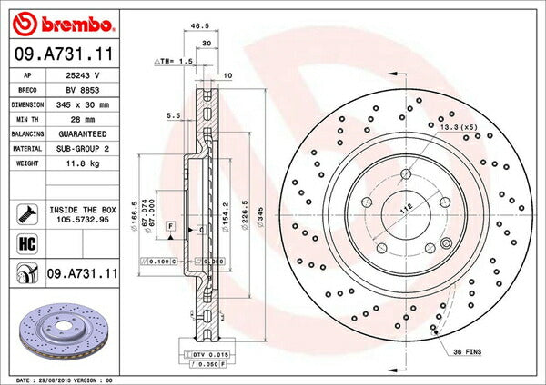 brembo BRAKE DISC MERCEDES BENZ CLK W209 209376 2003〜 フロント左右セット 09.A731.11