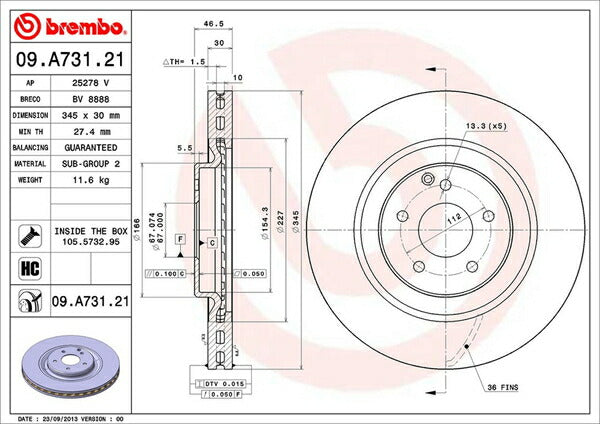 brembo BRAKE DISC MERCEDES BENZ CLK W209 209375 2002/09〜 フロント左右セット 09.A731.21
