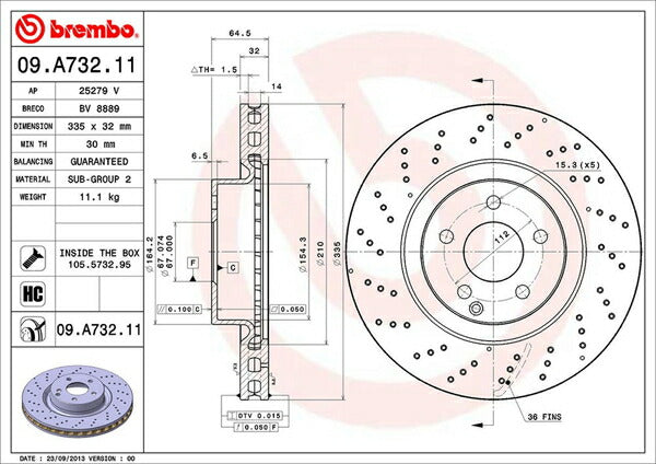 brembo BRAKE DISC MERCEDES BENZ Sクラス W221 221095/221195 2009/09〜 フロント左右セット 09.A732.11