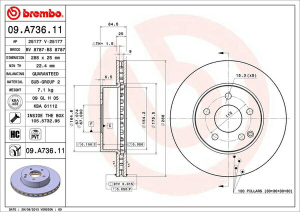 brembo BRAKE DISC MERCEDES BENZ Cクラス W204(ワゴン) 204249 2011/10〜2014/10 フロント左右セット 09.A736.11