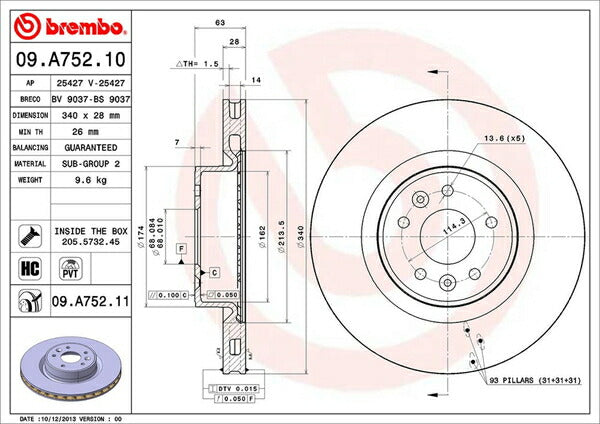 brembo BRAKE DISC RENAULT メガーヌIII DZF4R 2011/02〜 フロント左右セット 09.A752.11