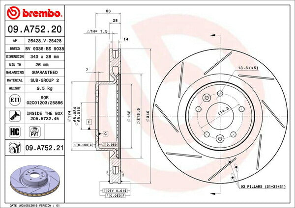 brembo BRAKE DISC RENAULT メガーヌIII DZF4R 2011/02〜 フロント左右セット 09.A752.21