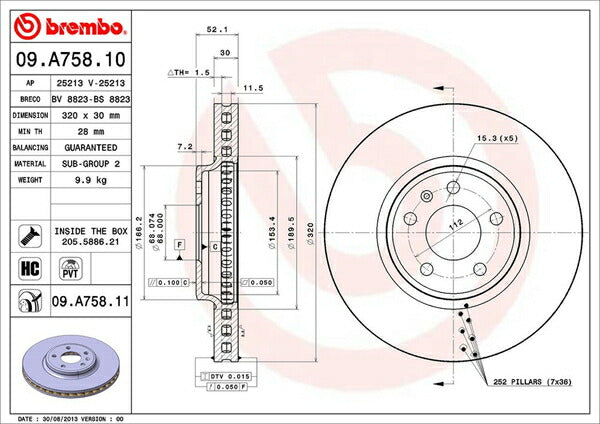 brembo BRAKE DISC AUDI Q5 8RCDNF 2009/06〜2011/06 フロント左右セット 09.A758.11