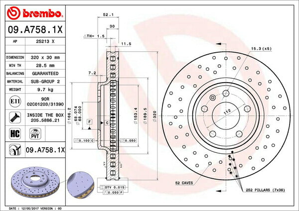 brembo XTRA BRAKE DISC AUDI A4(B8) 8KCDNF 2009/03〜2011/06 フロント左右セット 09.A758.1X
