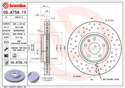 brembo XTRA BRAKE DISC AUDI A4(B8) 8KCDNF 2009/03〜2011/06 フロント左右セット 09.A758.1X