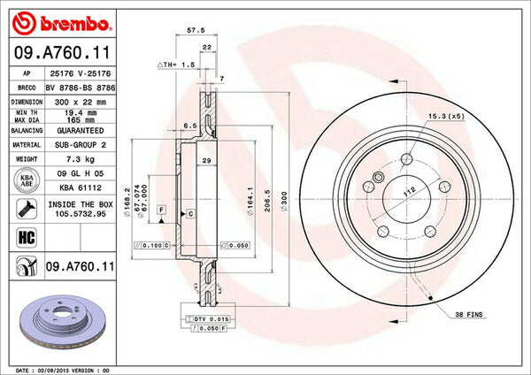 brembo BRAKE DISC MERCEDES BENZ Eクラス C207(クーペ) 207359 2014/06〜2015/01 リア左右セット 09.A760.11