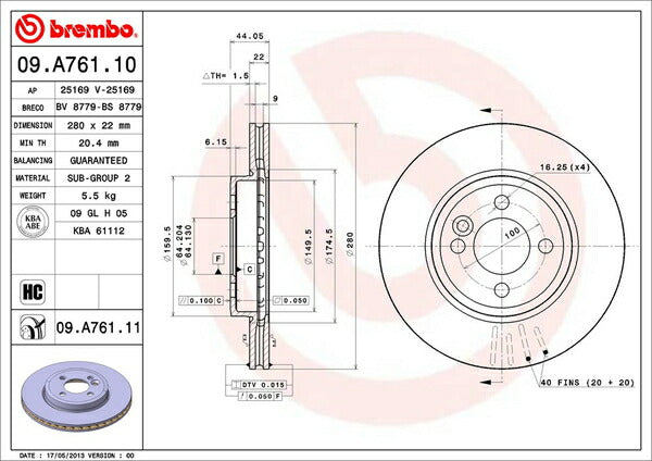 brembo BRAKE DISC MINI R57(コンバーチブル) MR16 2009/04〜2010/04 フロント左右セット 09.A761.11