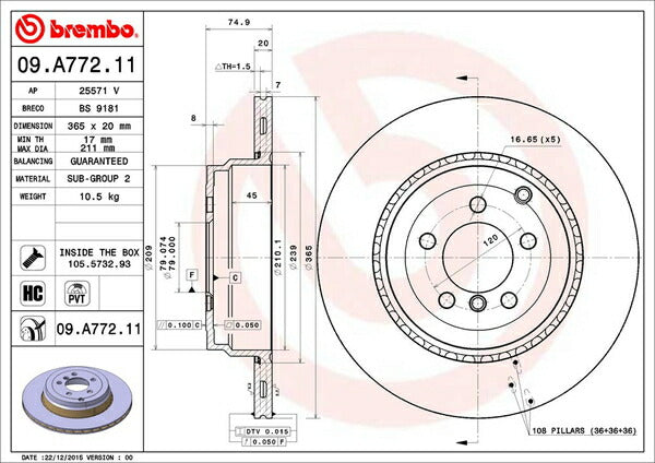 brembo BRAKE DISC LAND ROVER レンジローバー ヴォーグ LM5S 2009/06〜2013/02 リア左右セット 09.A772.11